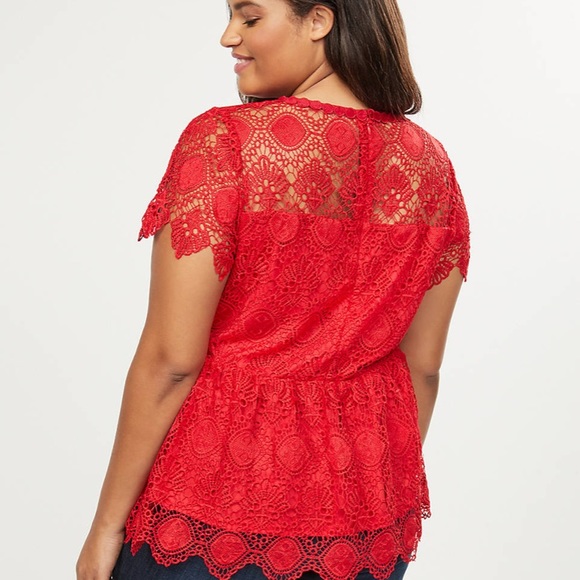 4X 28W Venetian Red Scalloped Lace Peplum Top - Picture 2 of 10